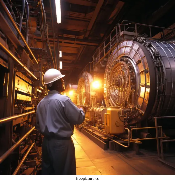 Engineer wearing hardhat inspecting industrial machinery