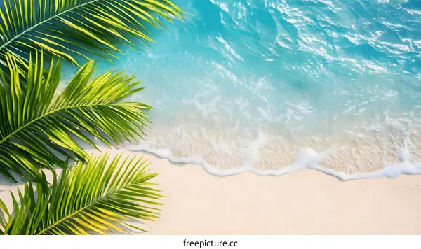 Tropical Beach with Palm Tree Leaves and Clear Blue Water