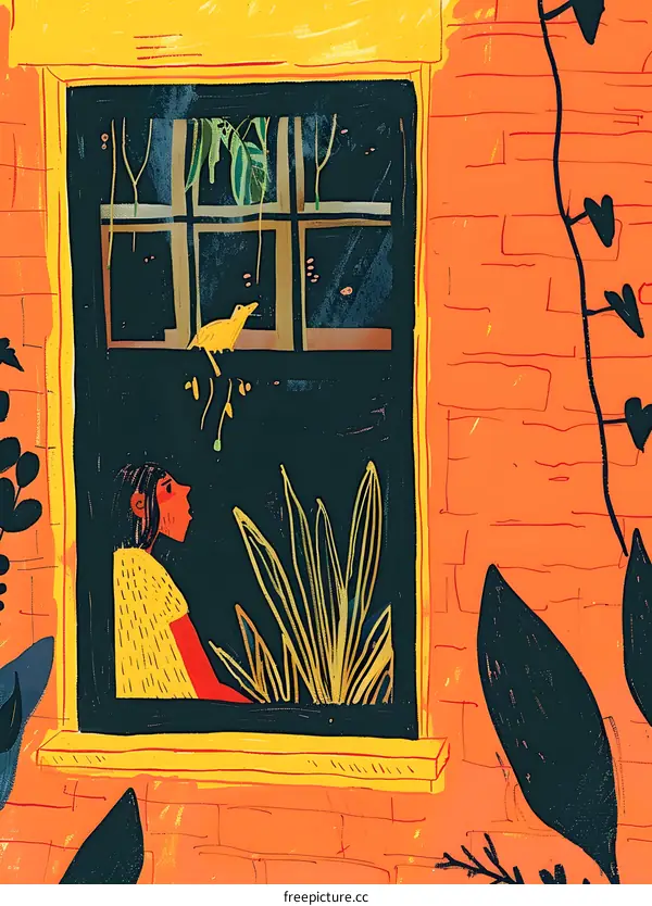 Woman Looking Out Window With Bird