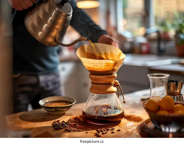 Pouring hot water into a coffee filter
