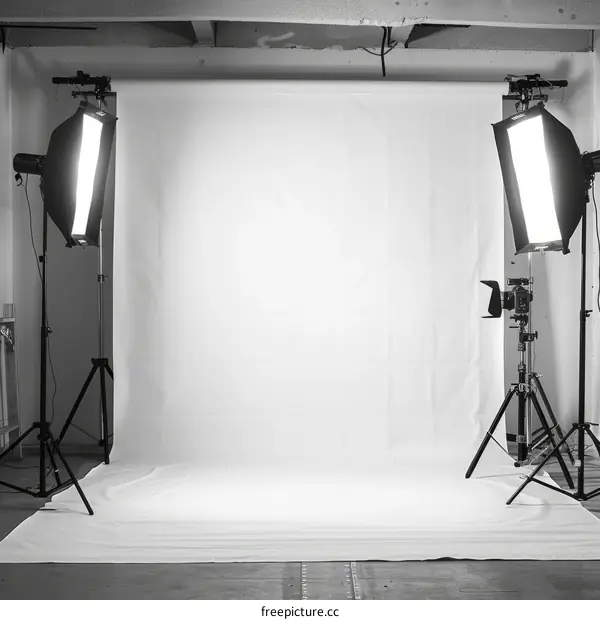 A photo studio with two lights and a white background