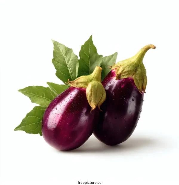 Fresh Eggplant with Leaves Close-up