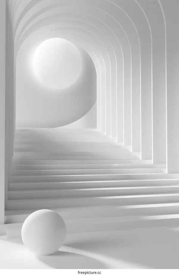 White Minimalist Arched Hallway with Sphere
