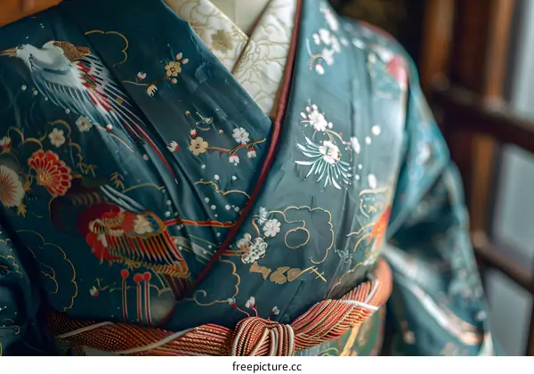 A kimono with a pattern of cranes and flowers