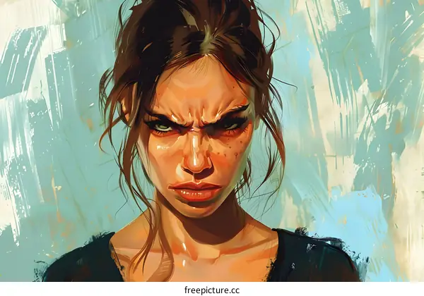 portrait of a young woman with brown hair and green eyes looking at the viewer with an angry expression