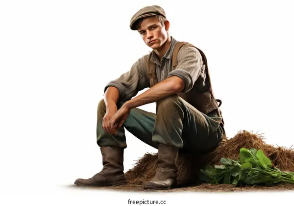 Young Man in Vintage Clothing Contemplating on Hay Bale