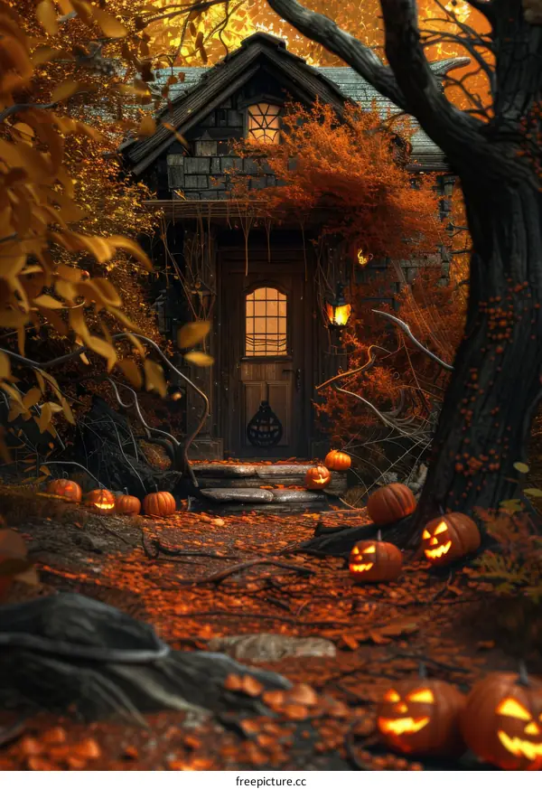 Mystical Halloween Cottage Nestled in Autumn Woods