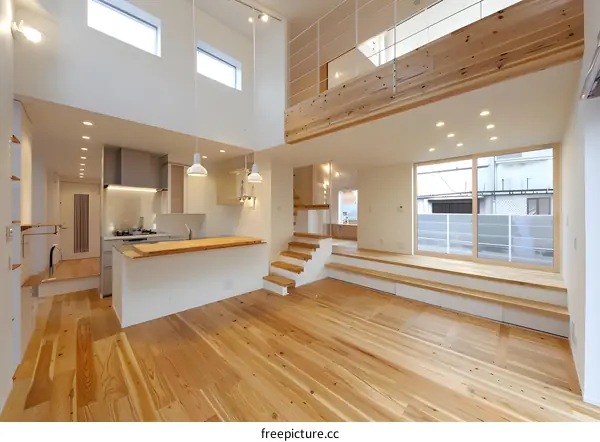 Modern Japanese Home Interior Design with Wooden Floors and a High Ceiling