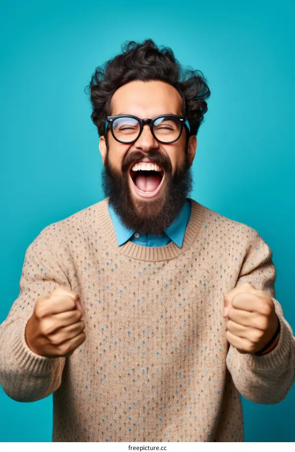 Bearded man celebrating with joy