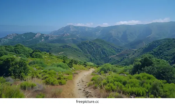 A dirt path winds through a lush green valley with mountains in the distance
