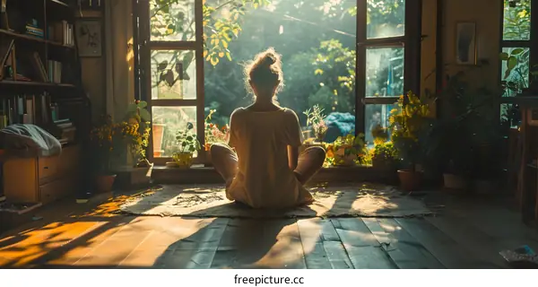 woman in white shirt sitting on the floor in a yoga pose with a bright window in front of her