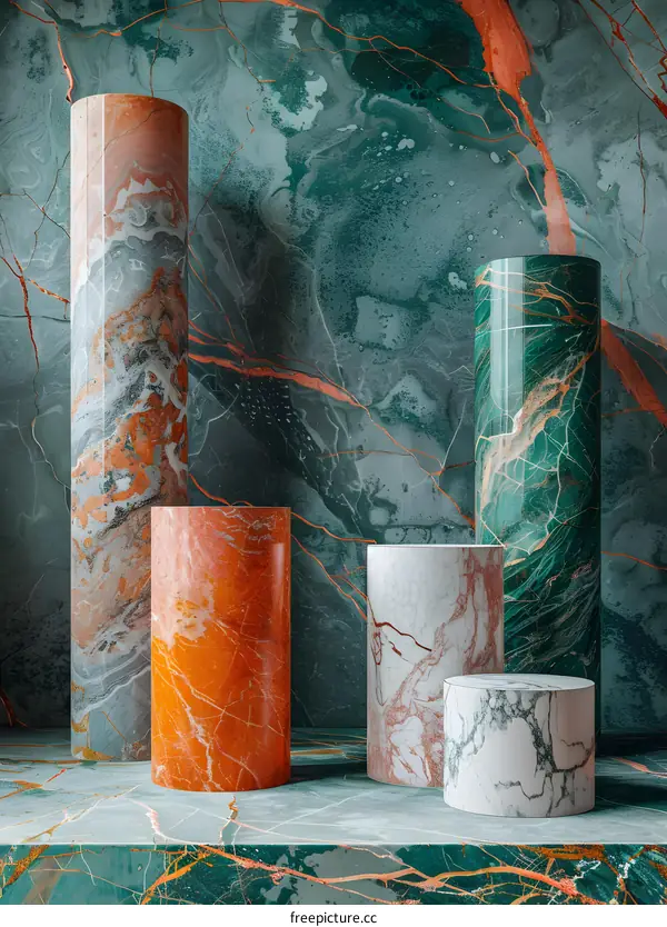 Marble columns in different colors stand against the backdrop