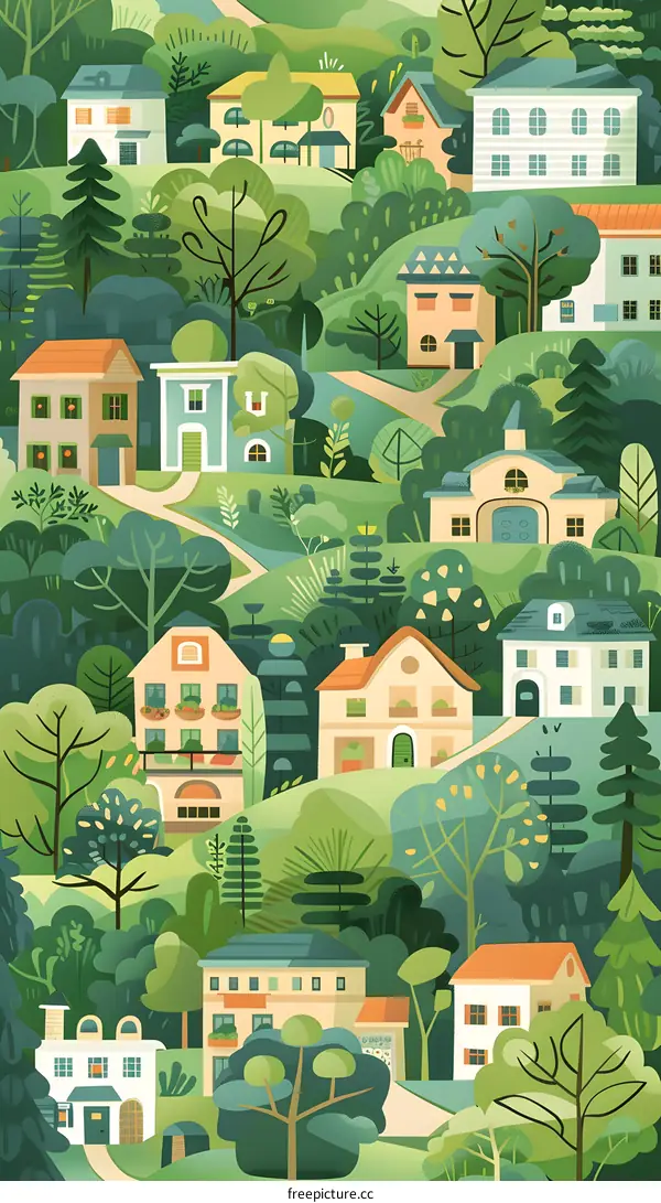 Green Houses in a Forest Illustration
