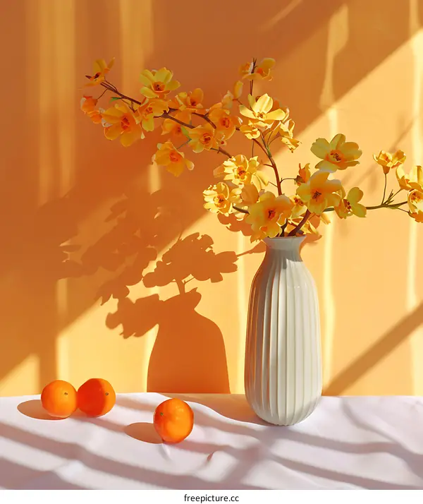 Yellow Flowers in White Vase with Oranges on White Tablecloth
