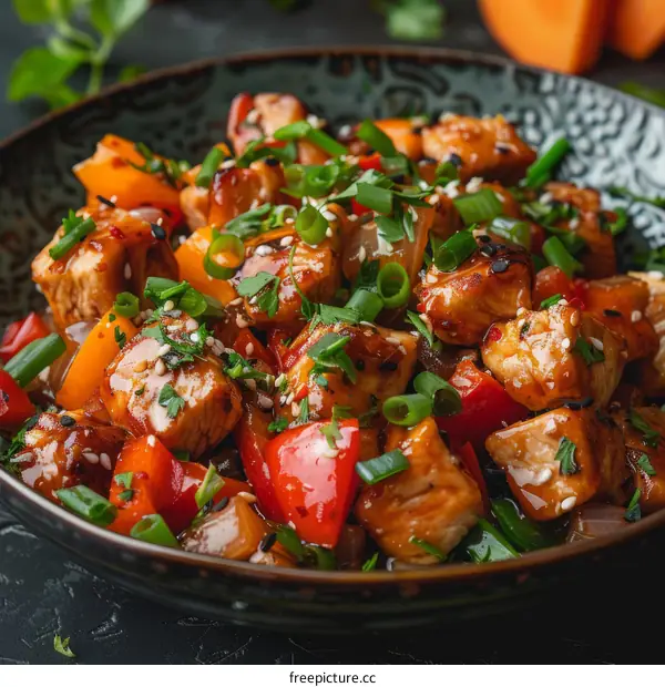 Sweet and sour chicken with bell peppers and sesame seeds