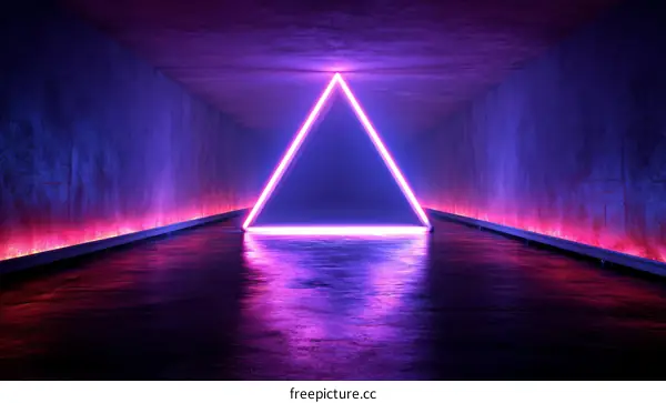 Neon Triangle in a Modern Concrete Tunnel