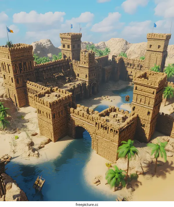 Desert Castle with Drawbridge and Palm Trees