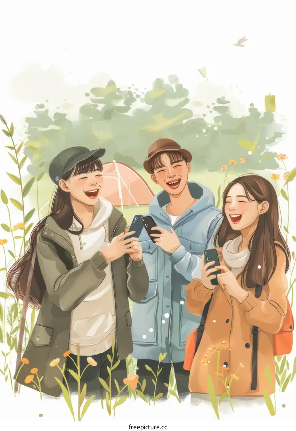 Three friends laughing while looking at their phones in a field