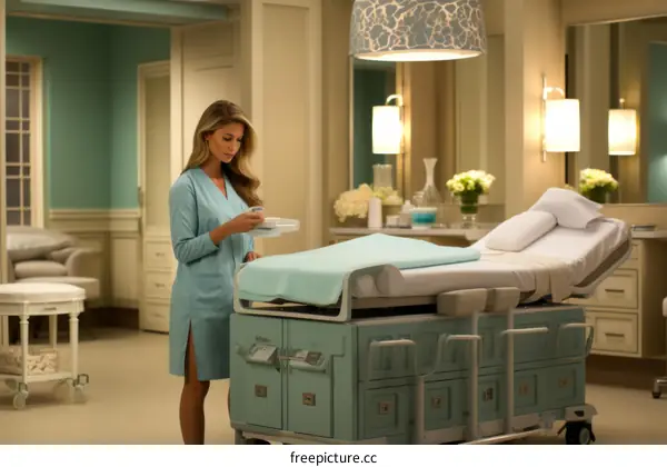 Blonde woman in blue uniform standing in a luxurious maternity ward