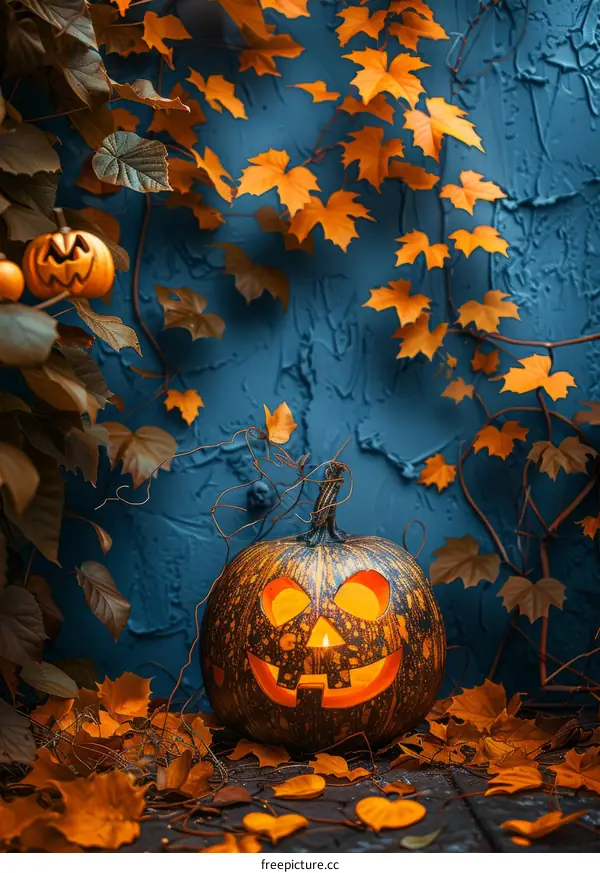 Spooky pumpkin with a carved face sits in front of a blue stone wall covered in autumn leaves