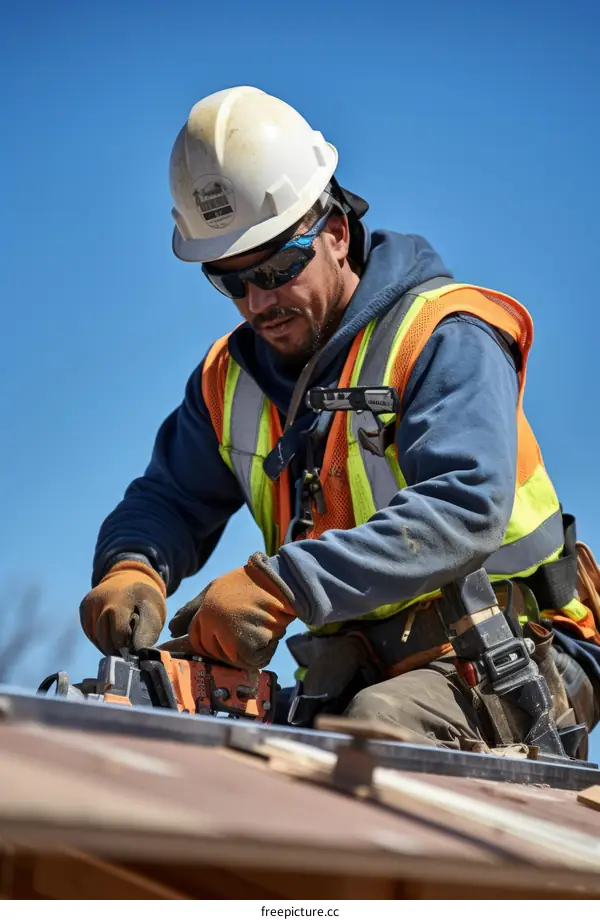 Hispanic construction worker wearing hardhat and safety glasses using saw on metal roofing