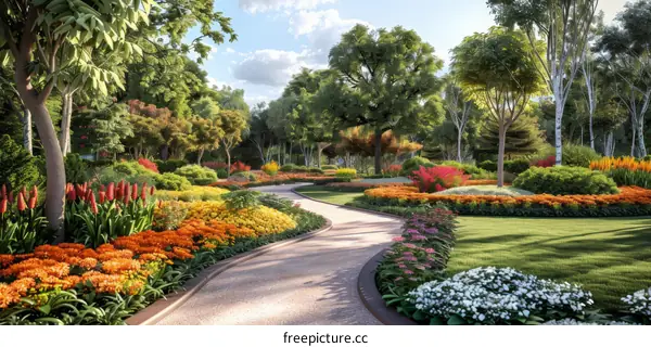 Lush Garden Footpath with Colorful Flowers and Trees