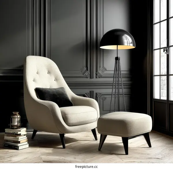 Modern armchair and ottoman in a dark room
