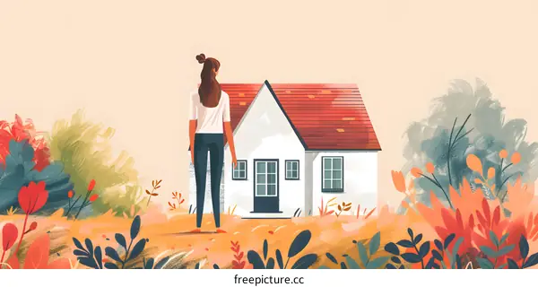 Woman Looking at House in Field