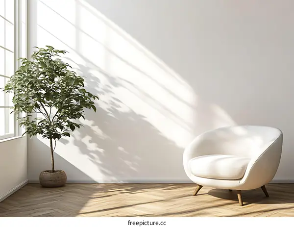 Minimalist Living Room Interior Design With White Armchair And Plant
