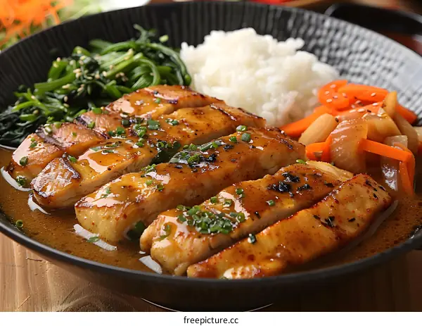 Grilled Chicken with Vegetables and Rice in a Black Bowl