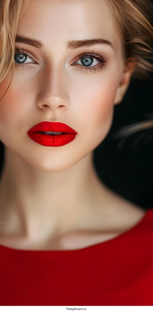 Close up portrait of a beautiful young woman with red lips