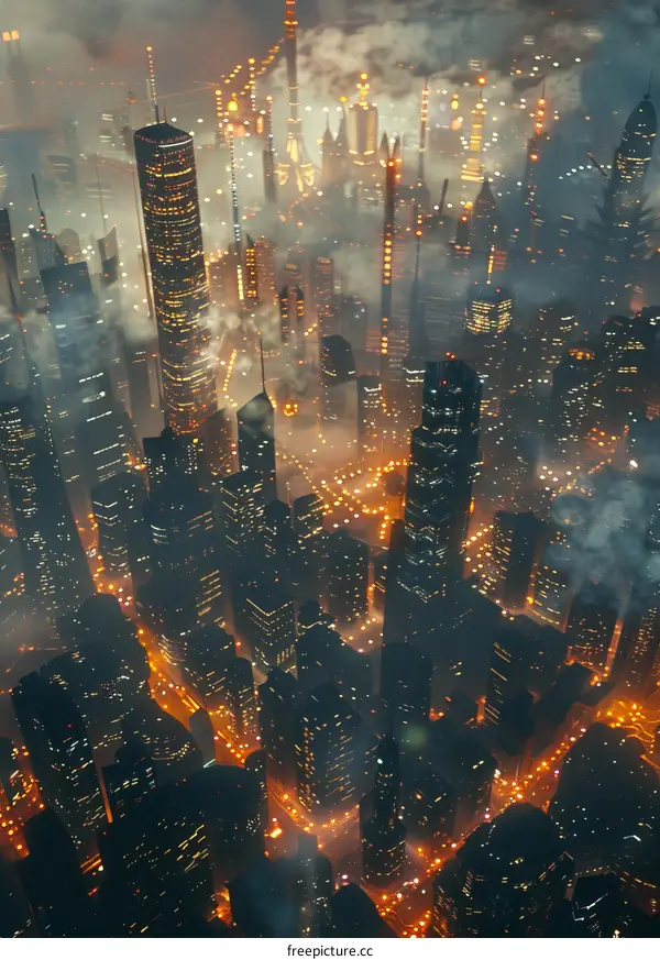 Futuristic Cityscape: A Bird's Eye View of Skyscrapers and Lights