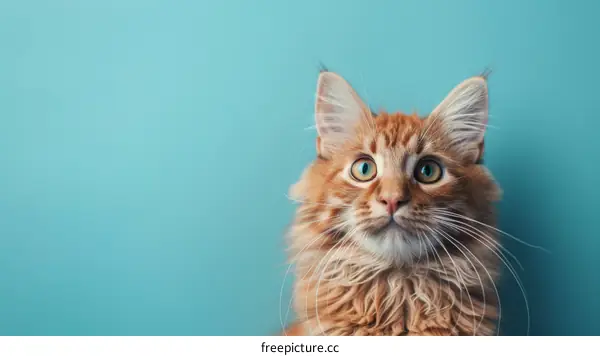 A ginger cat looking up with wide eyes