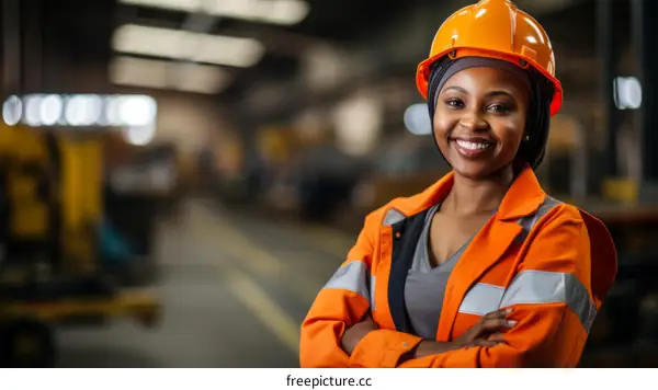 Portrait of a smiling African female factory worker wearing a hard hat and safety glasses in a modern industrial setting