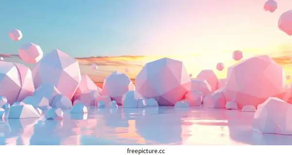 Pink floating rocks above a pink ocean under a blue sky