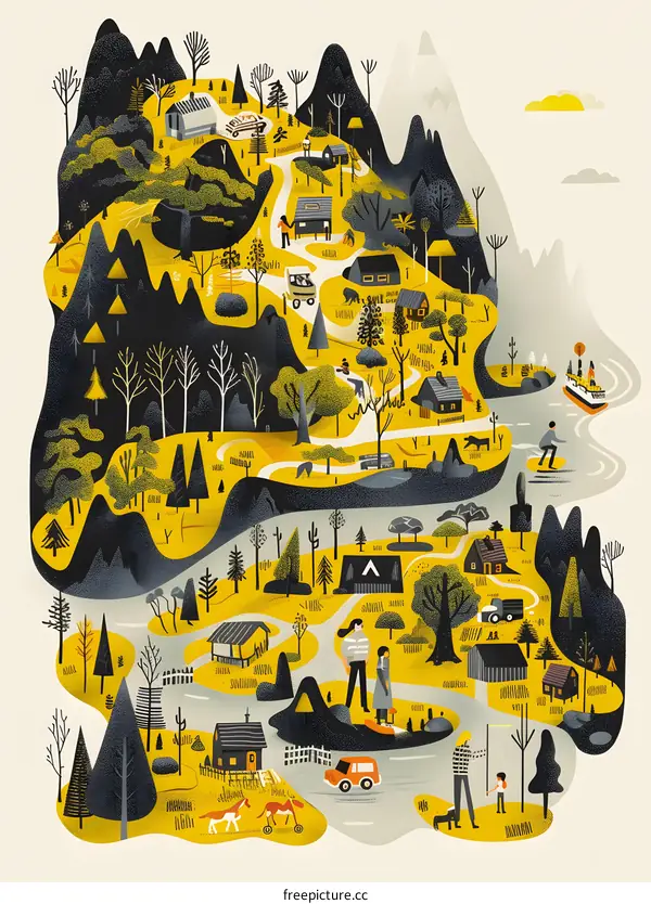 Illustrated Map of a Small Town Surrounded by Mountains