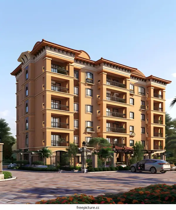 Modern Apartment Building Exterior with Balconies and Landscaping