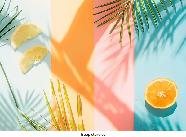 Summer Citrus Fruit Background with Palm Leaves and Colorful Shadows