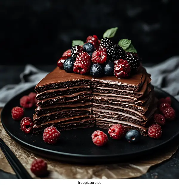 Chocolate Layer Cake Decorated with Fresh Berries