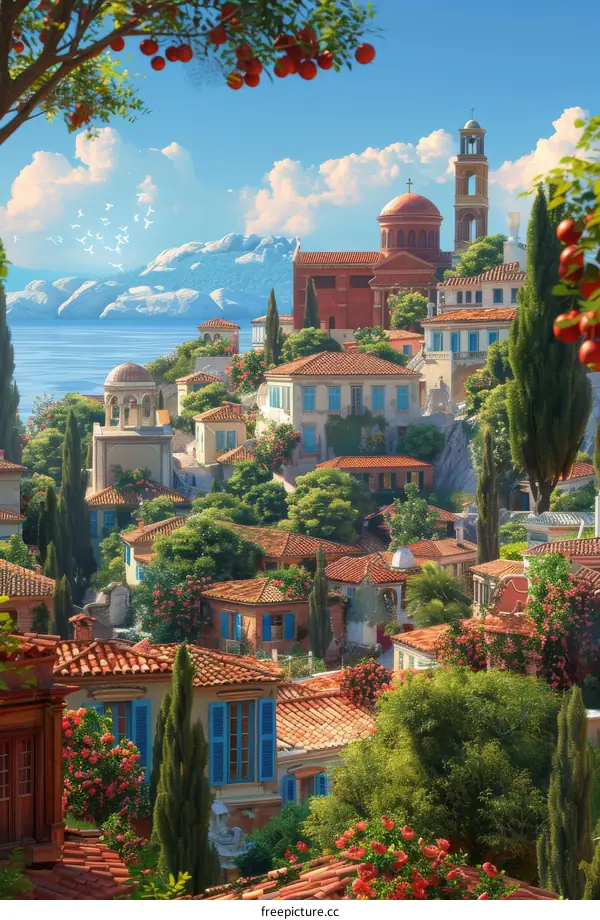 Colorful & Idyllic Countryside Painting with Mountain, Sea and Sky