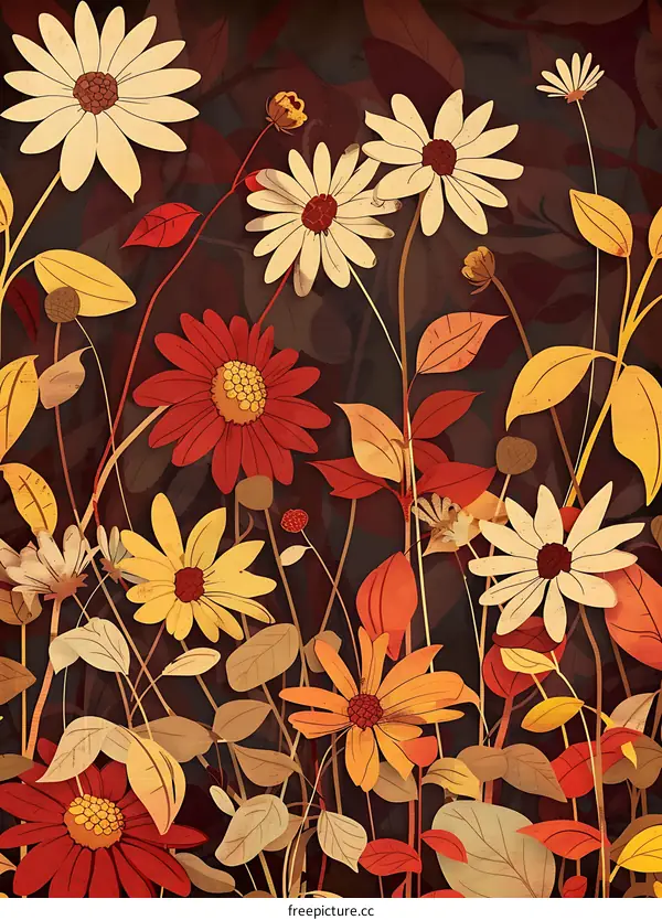 Autumn Floral Illustration with Brown Background