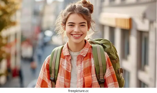 Smiling Caucasian Teenager with a Backpack Outdoors