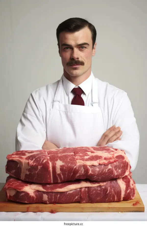 Butcher in White Shirt Stands Behind Raw Meat Counter