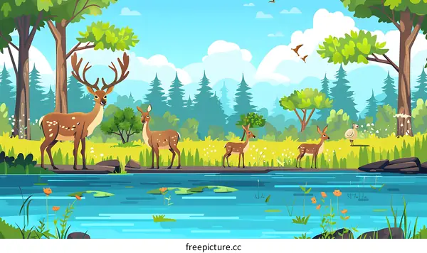 Forest Illustration with Deers, Birds, and a Stream