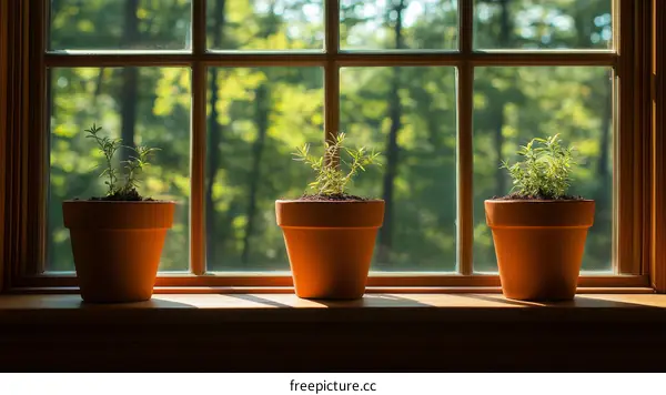 Three Small Plants on a Windowsill in Sunlight
