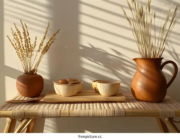 Wooden Bowls and Vases on a Table with Dried Flowers