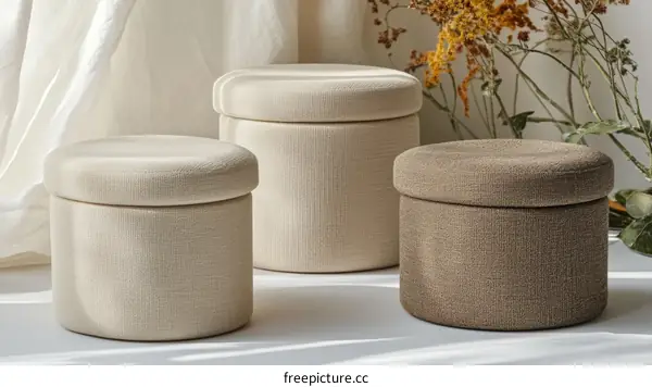 Three Stylish Fabric Storage Ottomans in Neutral Tones