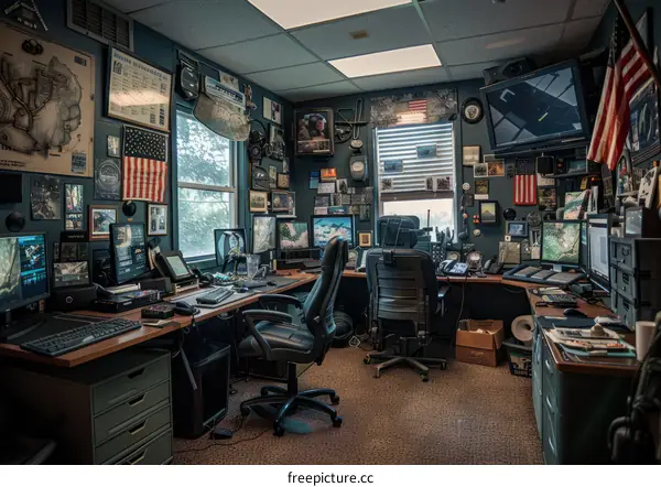 A غرفة مظلمة بها الكثير من الشاشات وأجهزة الكمبيوتر