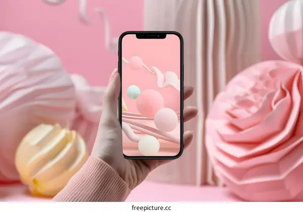 Hand Holding Smartphone With Abstract Pink Background