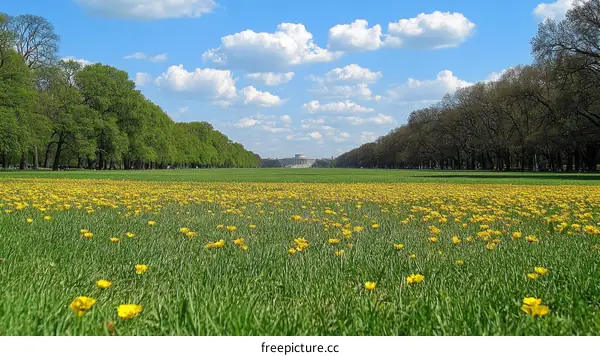 Spring Meadow with Dandelions and Trees